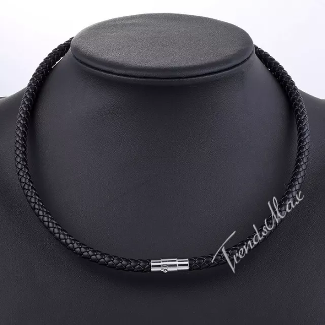 4/6/8MM Mens Black Braided Leather Cord Necklace Stainless Steel Magnetic Clasp 3
