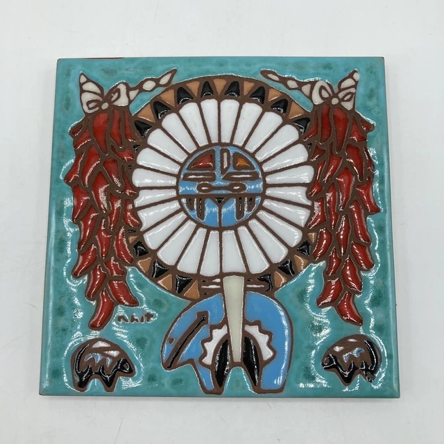 Vtg 1995 Earthtones Native American Bear Fetish 6” Ceramic Tile Trivet Signed