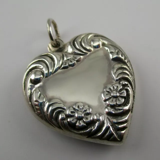 Sterling Silver PUFFY HEART Necklace Pendant VICTORIAN Charm for Bracelet FLORAL