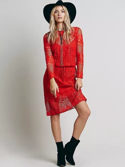 Free People Luna Long-Sleeve Crocheted Lace Dress in Pimento (Red Orange) XS