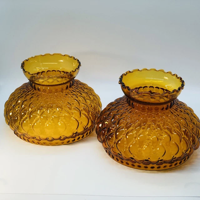 Vtg  2 Amber Diamond Quilt Hurricane Oil Glass Shade 4.5 in Tall & 5.5 in Fitter