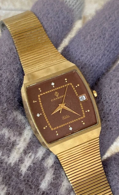 Vintage Candino Elite Watch Tank Automatic Gents Fully Gold Plated 1980'S W/Box