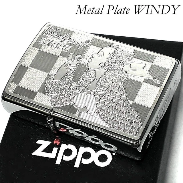 Zippo Oil Lighter Windy Girl Metal Plate Silver White Nickel Regular Case Japan