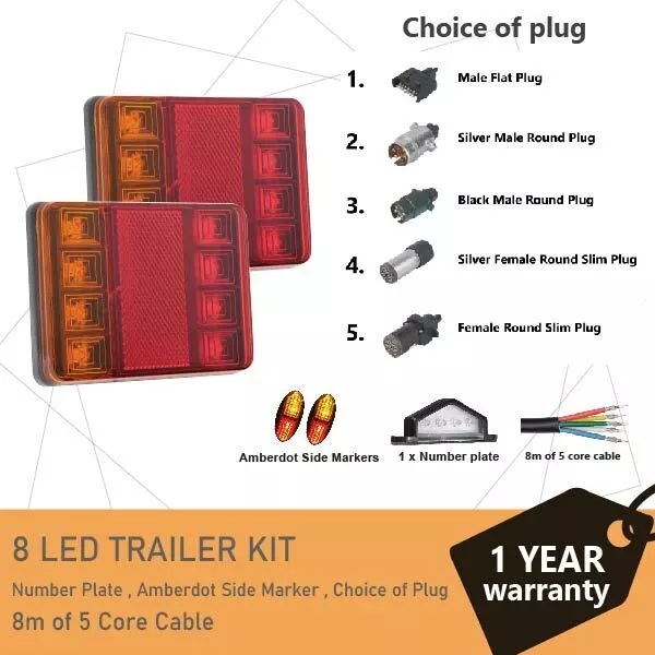 2 x 8 LED TRAILER LIGHTS KIT, Trailer Plug, CABLE, Side Marker, No. Plate Light