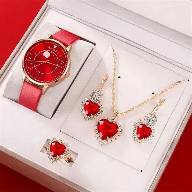 Ensemble 5 PC Orologio Lusso Donna Elegante Rosso Cuore E Magnifico Parure