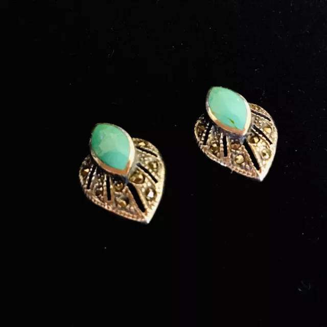 Antique 1920s Art Deco style Sterling Silver Marcasite Turquoise Stud Earrings
