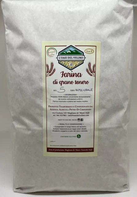 Farina Di Grano Tenero Integrale Macinata A Pietra - 5 Kg - Grano 100% Italiano