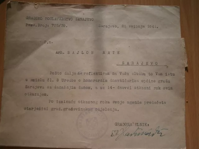 Wwii 1941 Rare Ndh Croatia Sarajevo Bosnia Document Card Town Municipality Mayor