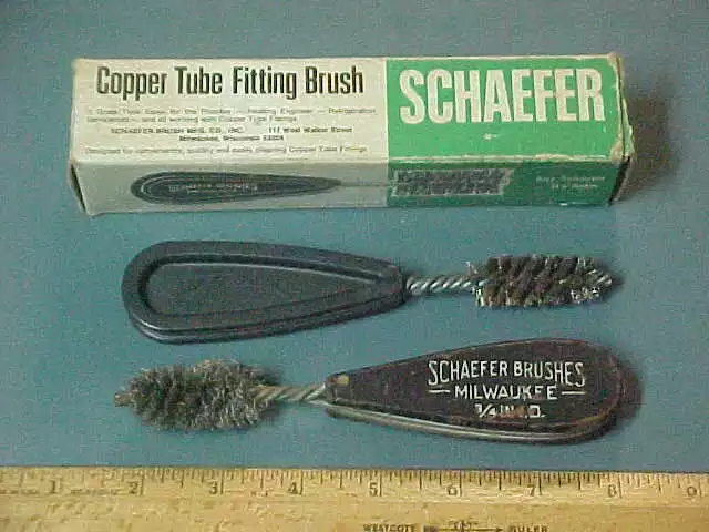 2 Vintage Schaefer Copper Tube Fitting Brushes w/ Original Box