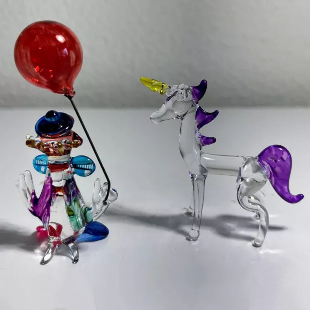 Hand Blown Glass Miniature Purple Unicorn Clown Red Balloon Circus Micro 2