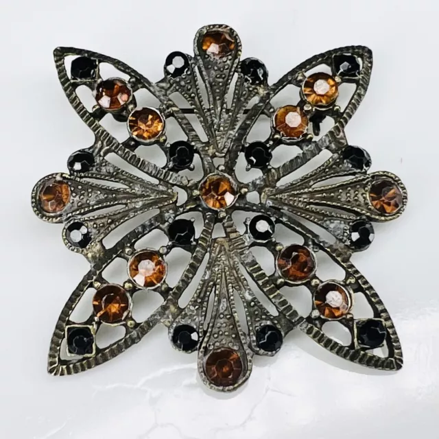 Vintage Victorian Style Filigree Brooch Silver Black Amber Tone Rhinestones 4053