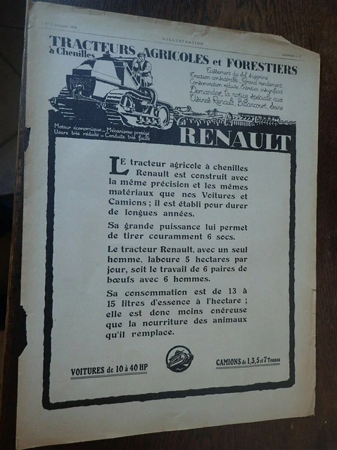 RENAULT tracteurs agricole et forestiers 189  publicité papier ILLUSTRATION 1920