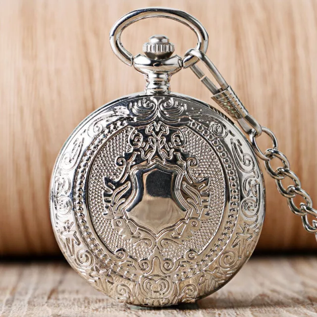 Vintage Steampunk Silver Hand Winding Mechanical Pocket Watch Shield Chain Gift