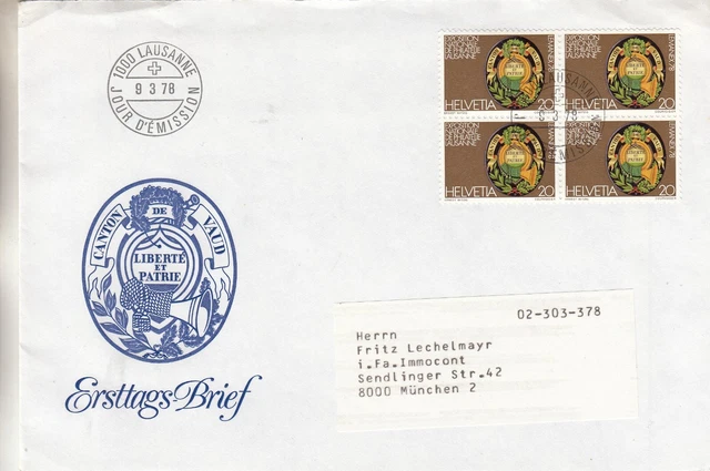 Schweiz MiNr. 1116 4er Block  a. Ersttagsbrief /FDC