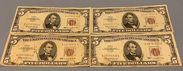 1963 United States Note Lot Of (4) $5.00 Five Dollar Bill Red Seal