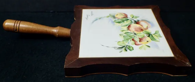 Vintage POLOVI Ceramic Tile Trivet w/ Peaches in Wood Frame w/ Handle Signed