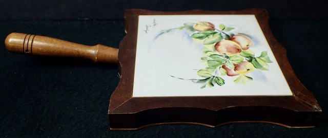Vintage POLOVI Ceramic Tile Trivet w/ Peaches in Wood Frame w/ Handle Signed