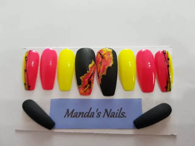 Handpainted Full False Nails Long Coffin Cut [10 Nails]Gift Party