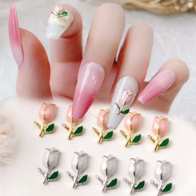 10 Pcs Tulipe Fleur Style Japonais Métal 3D Alliage Charmes Nail Art ₣