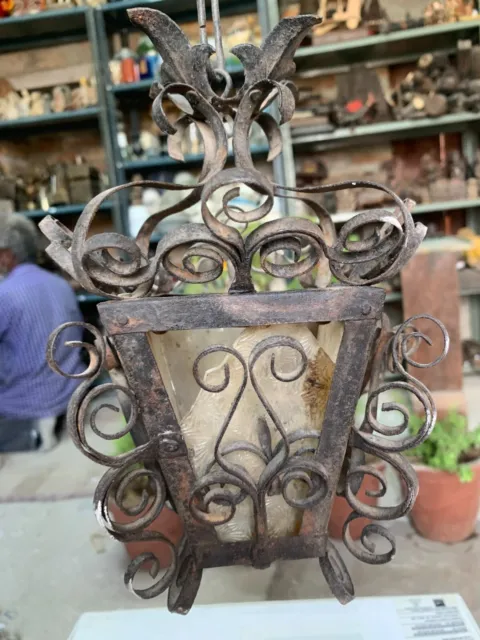 1850's Antique Hand Forged Iron French Hanging Lantern Light Plant Hanger Holder
