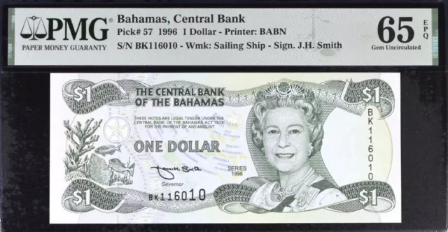 Bahamas One Dollar Pick# 57 1996 PMG 65 EPQ Gem Unc Banknote