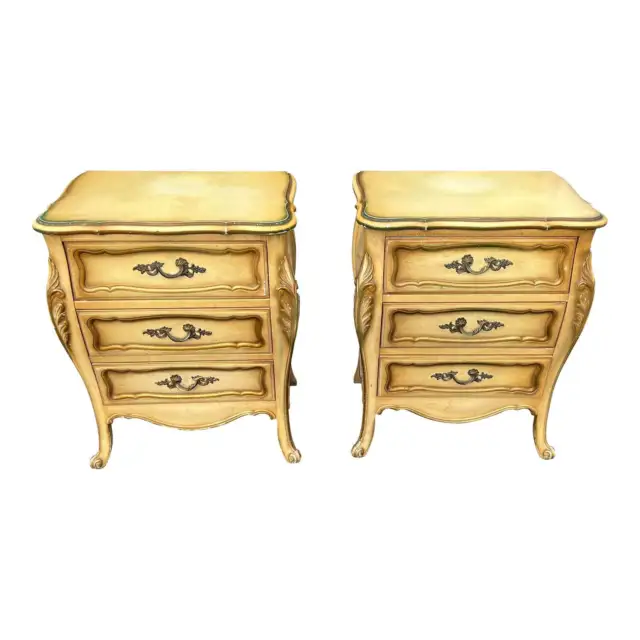 Mid 20th Century Yellow French Painted Bombe 3 Drawers Nightstands - a Pair