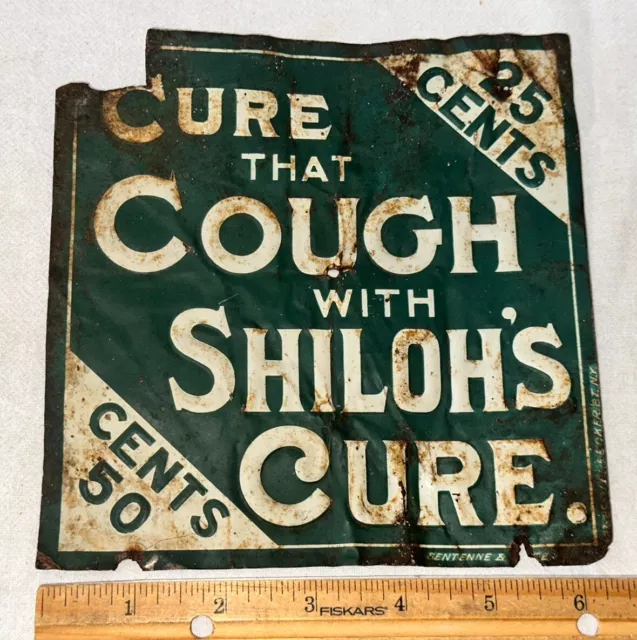 Antique Cure Cough Shiloh's Tin Litho Medicine Sign Apothecary Drug Store Remedy
