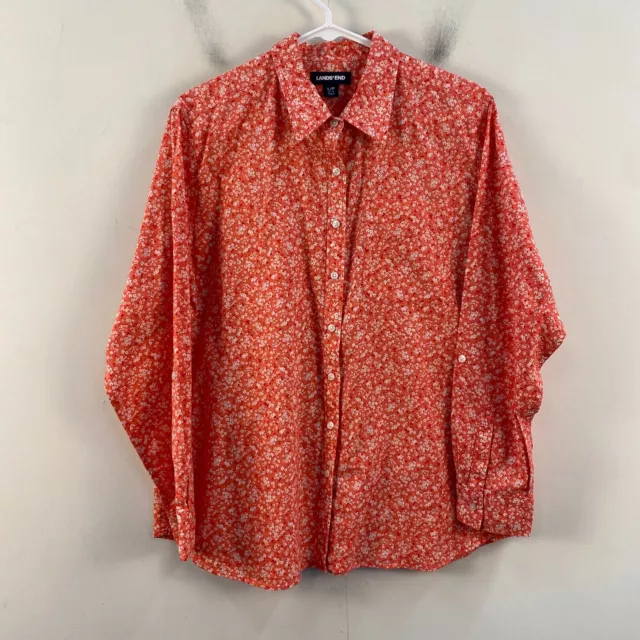 Lands End Womens Large P Blouse Shirt Top Tunic Pink Woven Button Floral Cotton