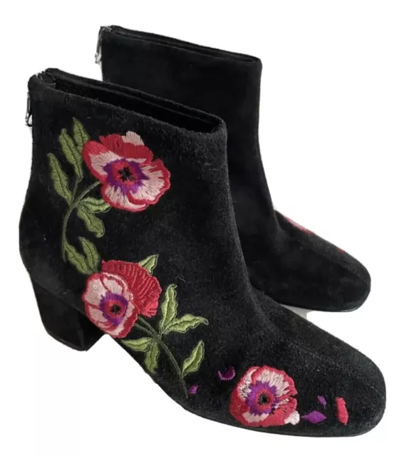RENVY ANTHROPOLOGIE Black Suede Floral Embroidered Boots Booties Size 38 8