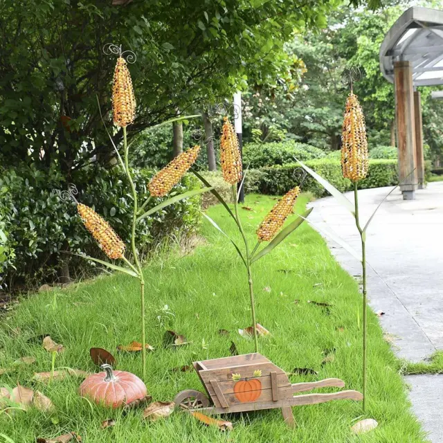 Metal Autumn Harvest Corn Stalk Decoration Set of 3 Decor Yard Lawn Garden Stake 2
