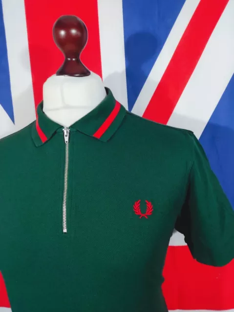 Fred Perry Single Tipped Zip Polo - L - Green - Mod Casuals 60's