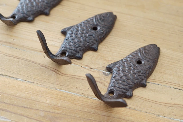 3 Fish Wall Hook Coat Hat Towel Beach Koi Hooks 4 3/4" Rustic Cast Iron Bath 3
