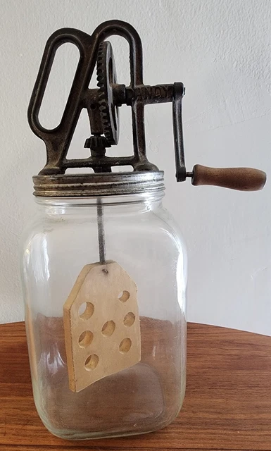 Antique Vtg Large DANDY Butter Churn 4QT Original Glass Single Wood Paddle WORKS