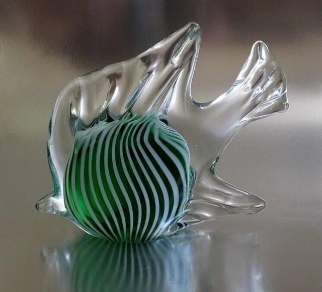 Art Glass Green & White Striped Tropical Fish Paperweight