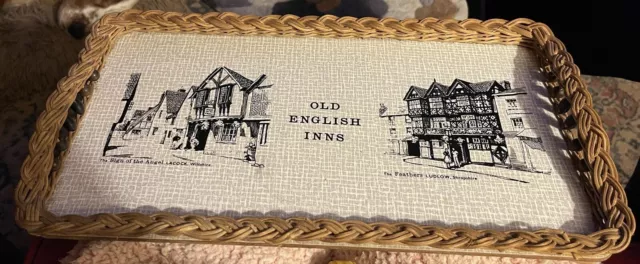 Vintage Woven Melamine Tray. Old English Inns, Angel, Lacock, & Feathers, Ludlow