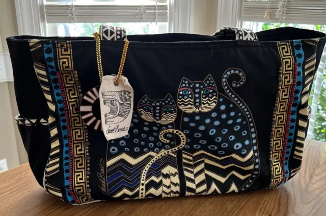 Laurel Burch Spotted Cats Medium Tote Bag Unlined Zipper Top Black/Blues/Gold