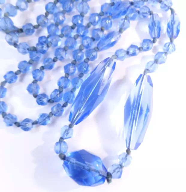 Antq Art Deco Faceted Glass Crystal Bright Blue Bead 35" Long Necklace Knotted