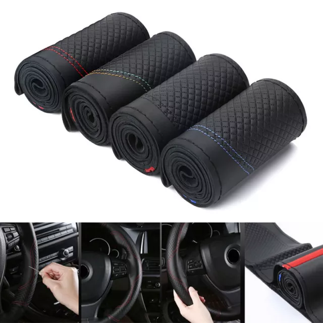 Top Layer Genuine Leather Car Steering Wheel Cover DIY&Needle for 15" Anti-Slip