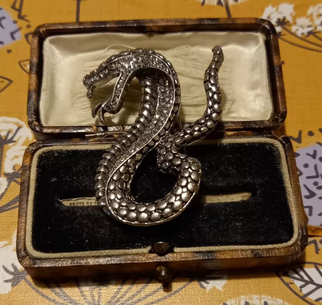 Vintage Style Silvertone Snake Brooch Pendant Nice Very Sparkly