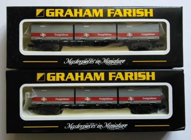 2 x N Gauge 63ft Bogie Wagons with  3 x 20 ft  containers  Excellent Condition