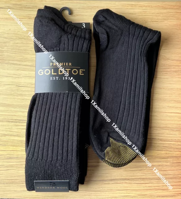 Gold Toe Men's Windsor Wool Black Crew Dress Socks Premier Premium Wool 3 Pairs