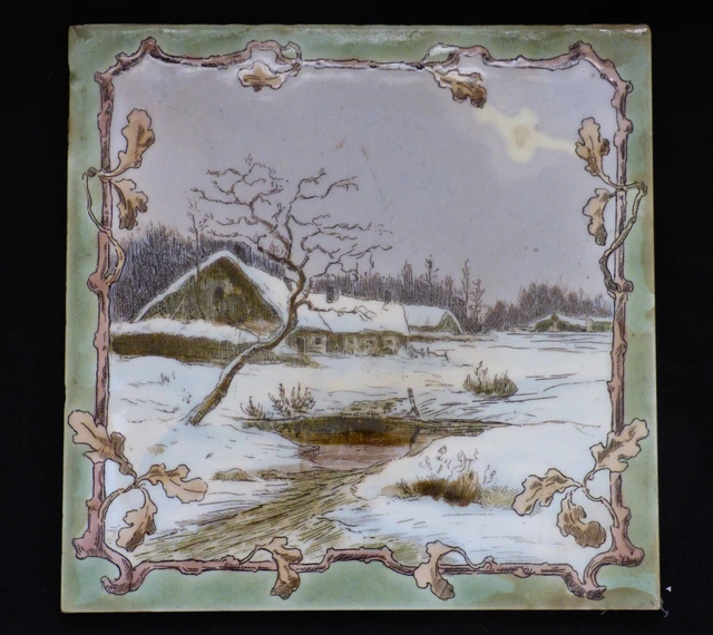 Gorgeous  LONGWY Art Nouveau Tile Jugendstil Farm in Winter time snow oak leaves