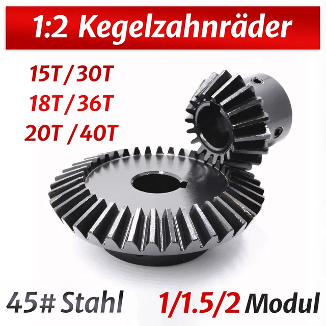 1/1.5/2 Modul Kegelräder 90° 1:2 Paar Kegelzahnräder mit Keilnut 45# Stahl