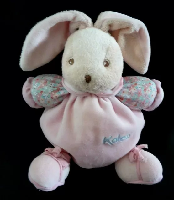 *. DOUDOU BOULE KALOO LAPIN  ROSE BRAS BLEU FLEURS LILIBLUE 20cms GRELOT - TBE