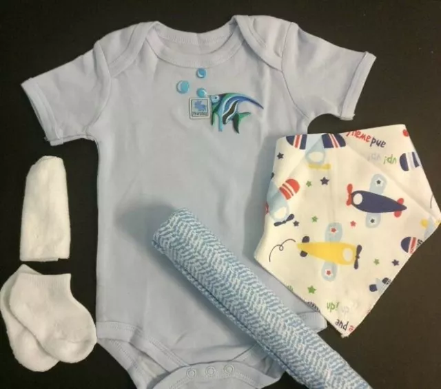 Newborn boy baby shower clothes romper bodysuit bib sock outfit set 0-6 month