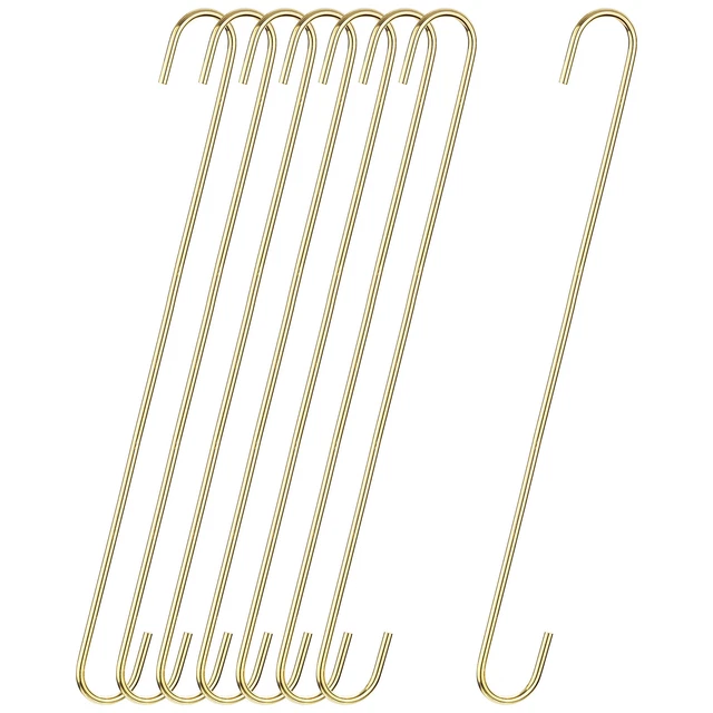 S Hanging Hooks, 16inch(400mm) Extra Long Steel Hanger, Gold Tone, 8Pcs