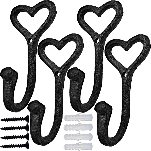 Heavy Duty Coat Hooks, 4pcs Cast Iron Love Heart Shape Wall Hooks for Hanging...