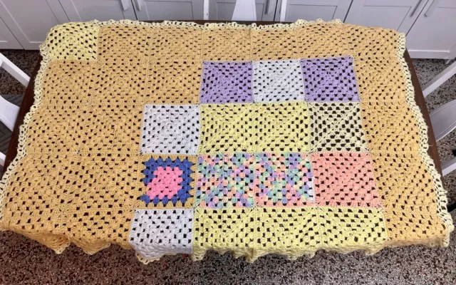 Handmade Crochet Afghan Blanket Bed Couch Large Classic Squares Yellow