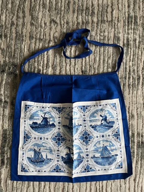 Vintage DELFT Skirt Half Apron Blue White Cotton Dutch Sailboat Windmill Pocket