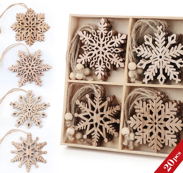 20 Stücke Holz Schneeflocken 4 Designs Schneeflocke Christbaumschmuck Anhänger